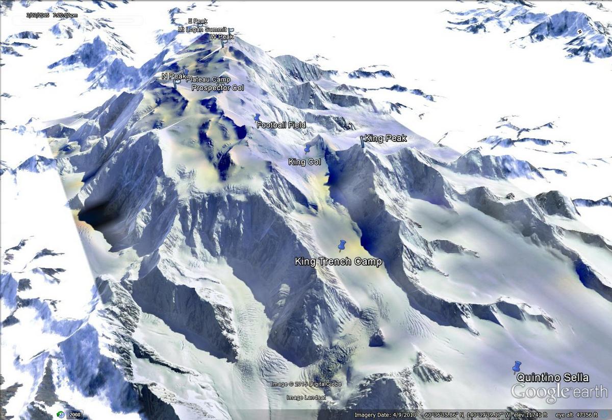 Google Earth image of Mt Logan and our camps.